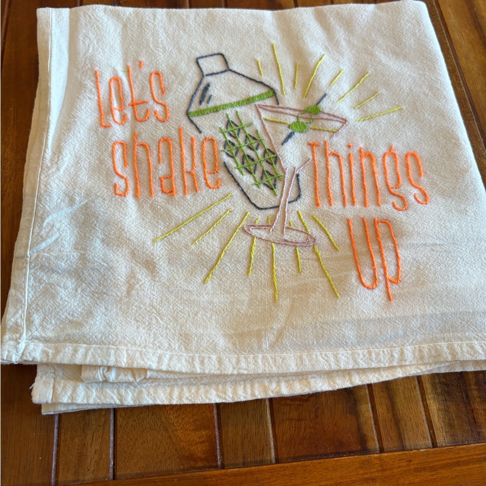 Flour Sack Embroidered Kitchen Towel with Cocktail Design Lets Stir Things Up